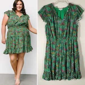 SUGARLIPS Rio Dress Plus Size 2X Green Tiered Floral Boho Preppy Vacation Party